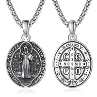 wholesale 925 Sterling Silver Patron Saint Medal Amulet Necklace for Men 2 5mm 22 +2 Chain-A99-Saint Benedict