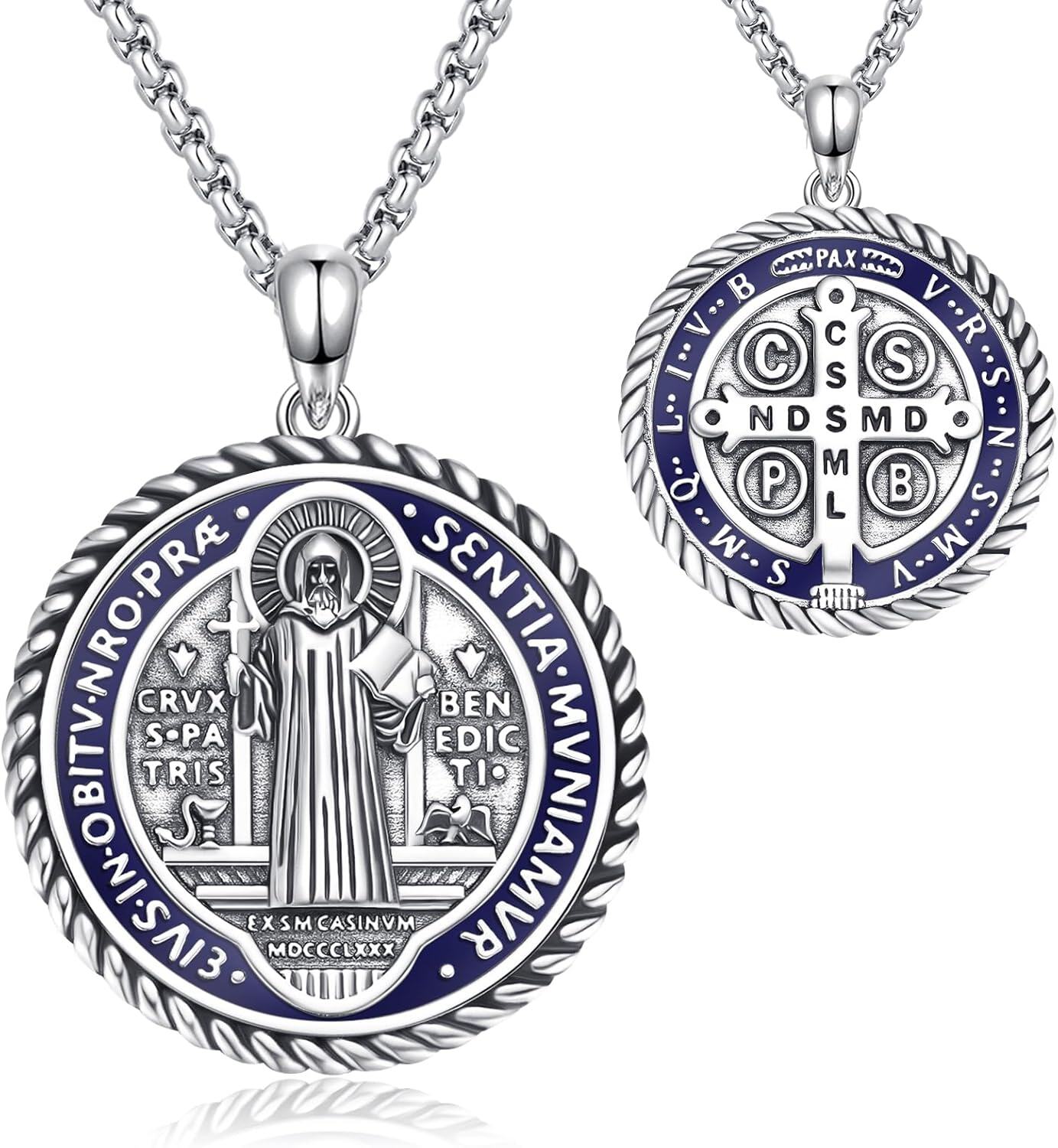 Sterling Silver Catholic Medal Necklace St Michael Christopher Benedict Virgin Mary Amulet Pendant for Men Women-St Benedict (Blue)