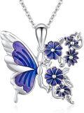 wholesale 925 Sterling Silver & Purple Oil Drop Butterfly Flower Pendant Necklace for Women-0-0