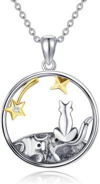 wholesale 925 Sterling Silver Fox & Moon Stars Charm Necklace for Girls and Teenagers-Fox
