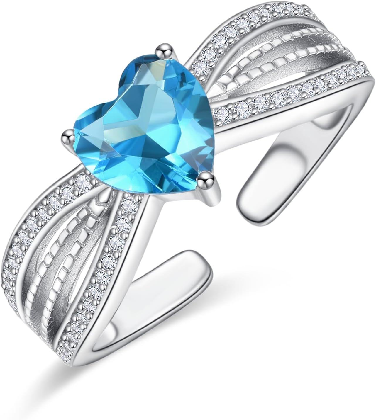 Sterling Silver CZ Heart Rings Adjustable Birthstone Jewelry Gift for Women Mom-March Birthstone