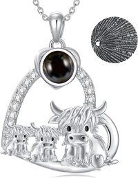 wholesale 925 Sterling Silver Black Agate Highland Cow Family Heart Necklace Scottish s for Women Girls-Cow Heart-Mom&2Child-I love you 100 languages