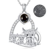 wholesale 925 Sterling Silver Black Pearl Highland Cow Necklace Heart-shaped Pendant-Cow Heart-Mom&2Child-I love you 100 languages