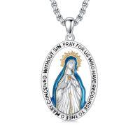 wholesale 925 Sterling Silver Oval Enamel Virgin Mary Medal Pendant Necklace with Pray for Us Inscription - Christian -Virgin Mary