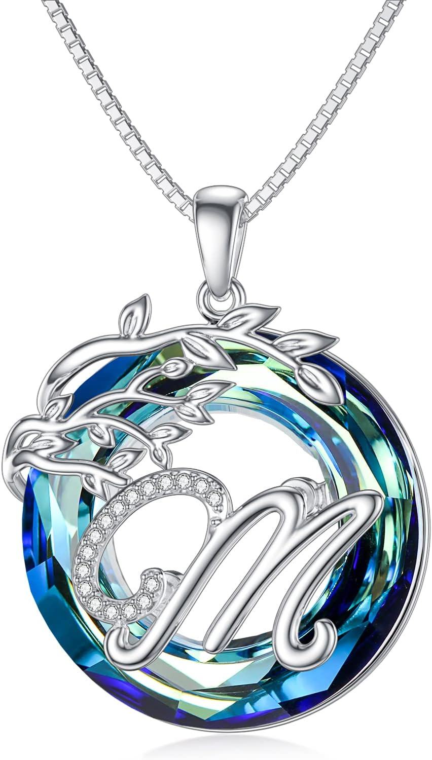 Sterling Silver Blue Crystal Tree of Life A Z Letter Pendant Necklace-Alphabet M