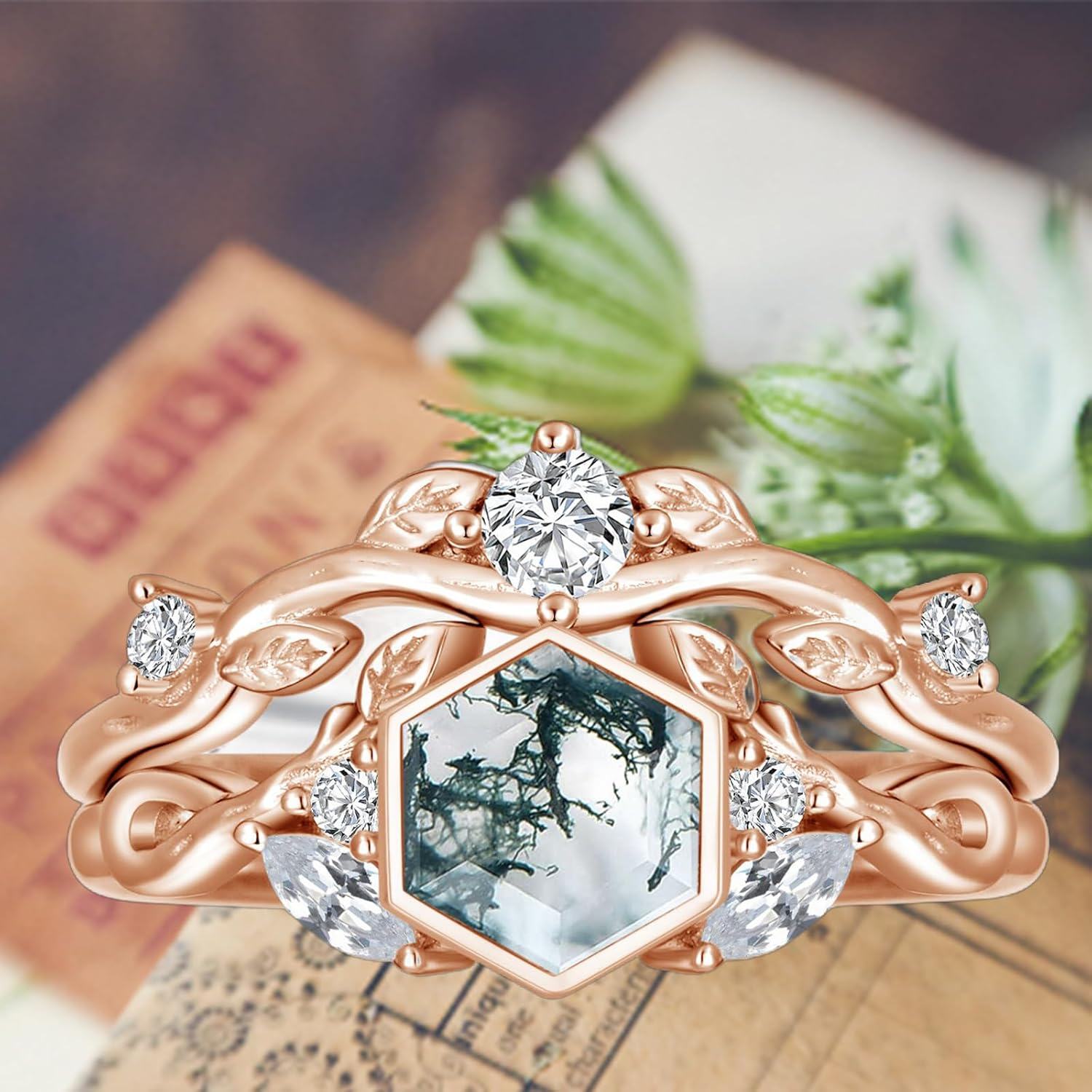 Sterling Silver Moss Agate Leaf Rings Set 1ct Green Moss Agate Engagement Anniversary Rings for Women-0-4