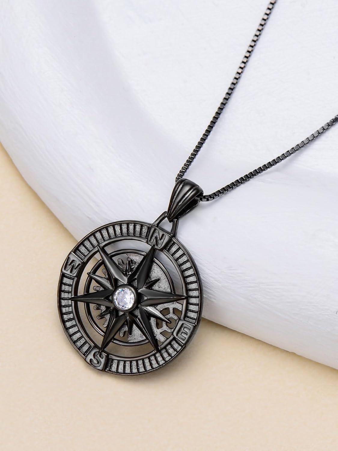 Sterling Silver Stone Compass Necklace for Men Women Travel Talisman Pendant Unique Inspirational Gift for Birthday Christmas Graduation-0-3