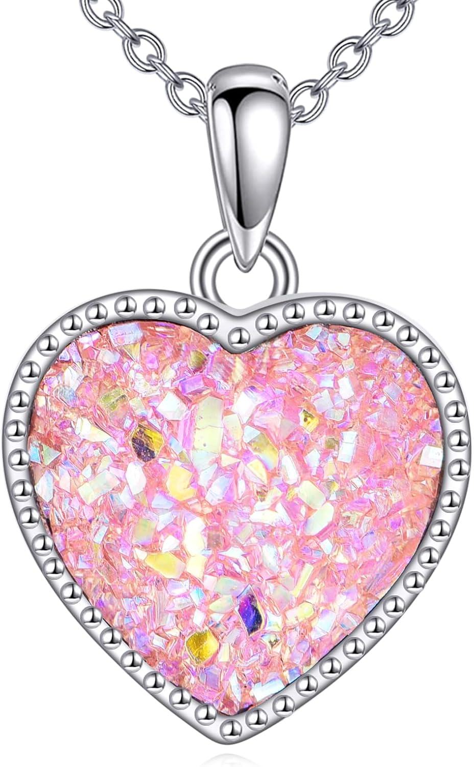 Sterling Silver Heart Pendant Necklace Love Jewelry Gift for Women-Pink Heart