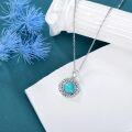 wholesale 925 Sterling Silver Turquoise Round Pendant Necklace for Women Wife Mother Gift Jewelry 45cm Chain Length-0-2