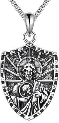 wholesale 925 Sterling Silver Shield Shape Saint Medal Pendant with Chain for Men Women-St Jude