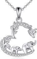 wholesale 925 Sterling Silver Elephant Family Heart-Shaped Pendant Necklace with Cubic Zirconia Stones for Women Girls  48cm Chain Length-0-0