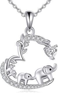 wholesale 925 Sterling Silver Elephant Family Heart-Shaped Pendant Necklace with Cubic Zirconia Stones for Women Girls  48cm Chain Length-Elephant