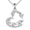 wholesale 925 Sterling Silver Elephant Family Heart-Shaped Pendant Necklace with Cubic Zirconia Stones for Women Girls  48cm Chain Length-0-0