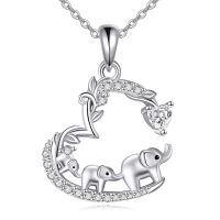 wholesale 925 Sterling Silver Elephant Family Heart-Shaped Pendant Necklace with Cubic Zirconia Stones for Women Girls  48cm Chain Length-Elephant