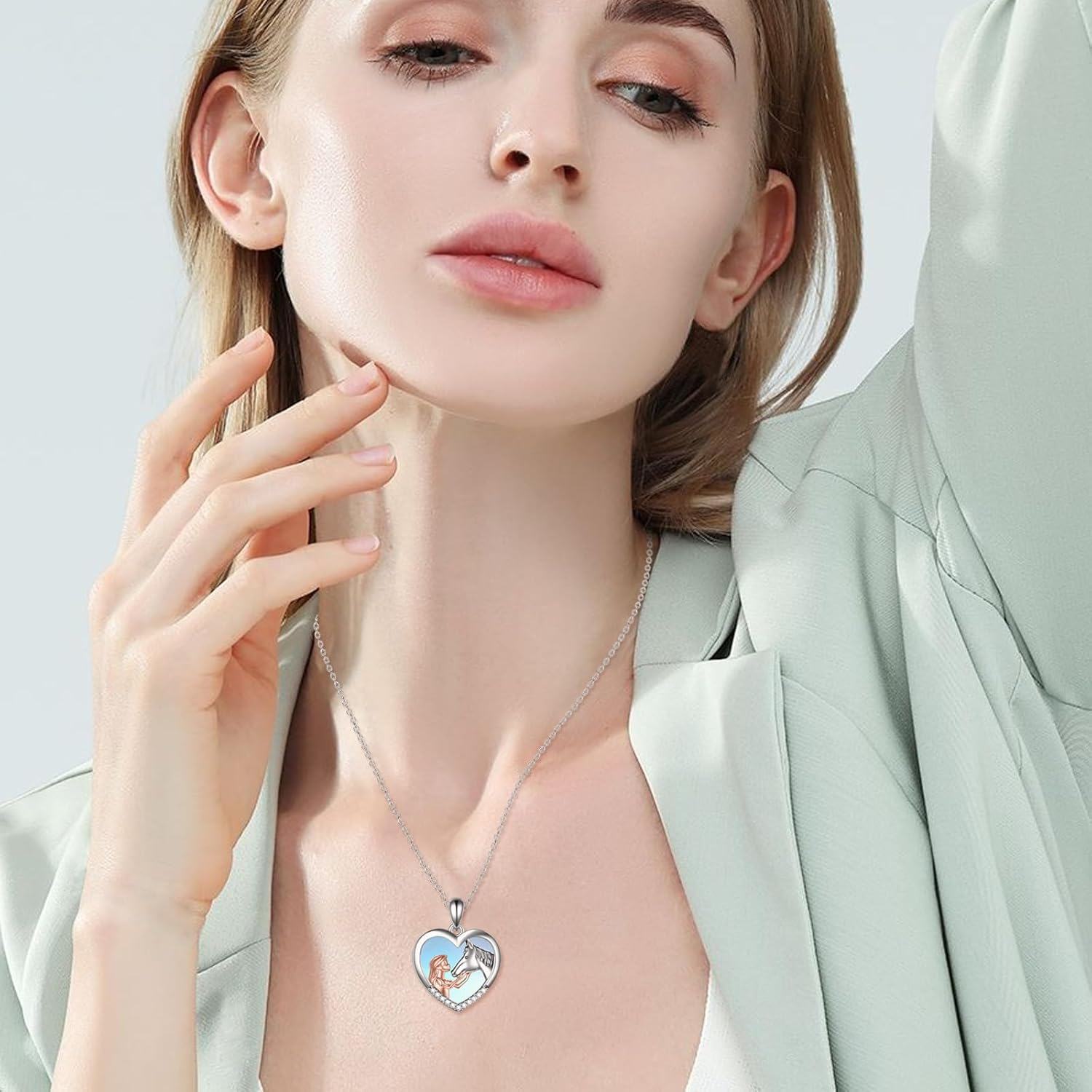 925 Sterling Silver Heart-Shaped Horse and Girl Pendant Necklace - Valentine's Day Gifts for Her-0-1