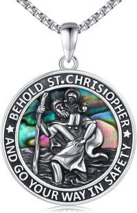 wholesale 925 Sterling Silver Saint Christopher and Saint Michael Round Medal Catholic Pendant Amulet Jewelry with Abalone Shell Inlay 3D Relief Design for Men Women Boys Girls Gift Boxed -St Christopher-Abalone