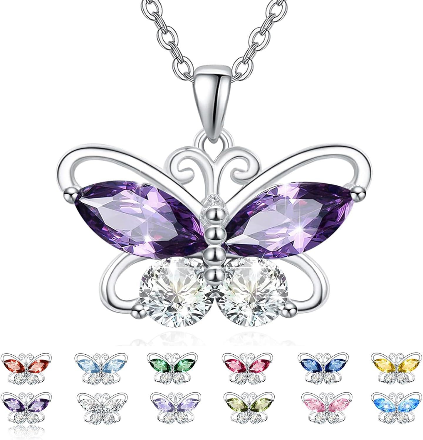Sterling Silver Cubic Zirconia 12 Birthstone Butterfly Pendant Necklace-0-0