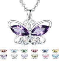wholesale 925 Sterling Silver Cubic Zirconia 12 Birthstone Butterfly Pendant Necklace-02-Feb.