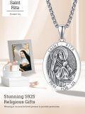 wholesale 925 Sterling Silver St Rita Medal Necklace for Women Girls Catholic Jewelry Prayer Gift 3D Pray For Us Charm Pendant Chain Christian Faith Gifts-0-5
