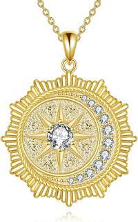 wholesale 925 Sterling Silver Plated Gold- Compass Rose Pendant Necklace with Cubic Zirconia and Chain - Elegant  for Her-Sun Moon