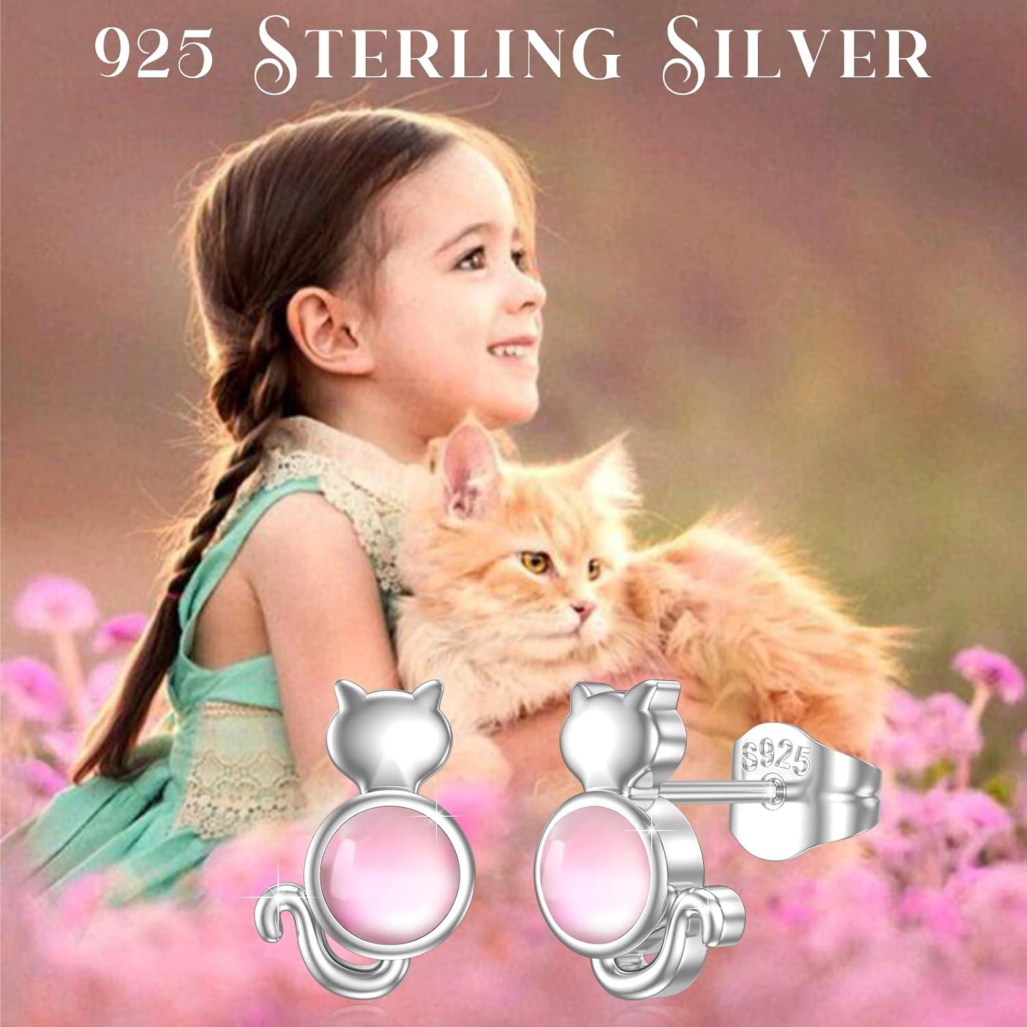 925 Sterling Silver Pink Cat Stud Earrings-0-5