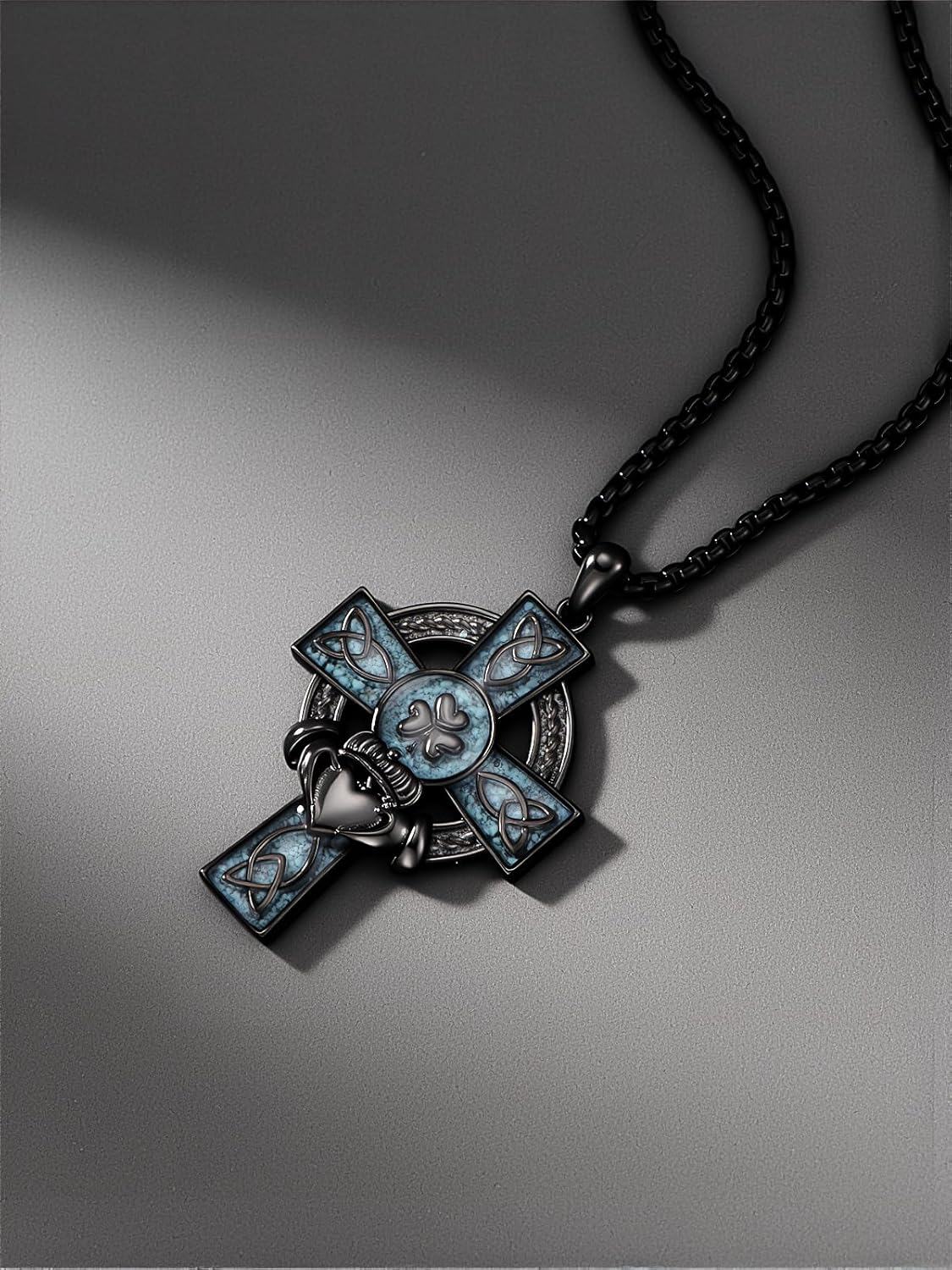 925 Sterling Silver Celtic Knot Trinity Shamrock Cross Pendant Necklace for Men & Women - Protection Amulet Religious Jewelry w/ 24 Rolo Chain (Gift Box Included)-0-2