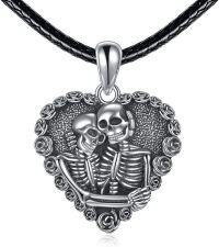 wholesale 925 Sterling Silver Gothic Skulls Heart Pendant Leather Chain Necklace for Men Women Gifts-Skull