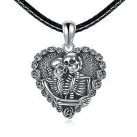 wholesale 925 Sterling Silver Gothic Skulls Heart Pendant Leather Chain Necklace for Men Women Gifts-Skull