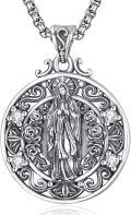 wholesale 925 Sterling Silver Virgin Mary Pendant with Cubic Zirconia and Scrollwork Design - Religious Jewelry for Women & Men -0-0