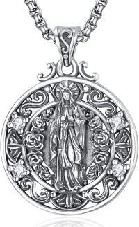 wholesale 925 Sterling Silver Virgin Mary Pendant with Cubic Zirconia and Scrollwork Design - Religious Jewelry for Women & Men -A-Vintage
