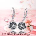 wholesale 925 Sterling Silver Black Enamel Floral Leverback Earrings with CZ Center (Rose)-0-5