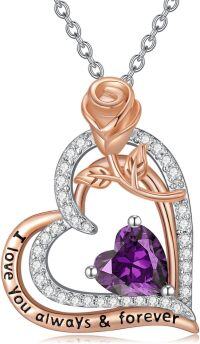 wholesale 925 Sterling Silver Rose Birthstone Necklace Heart Pendant Jewelry Gift for Women-02-February