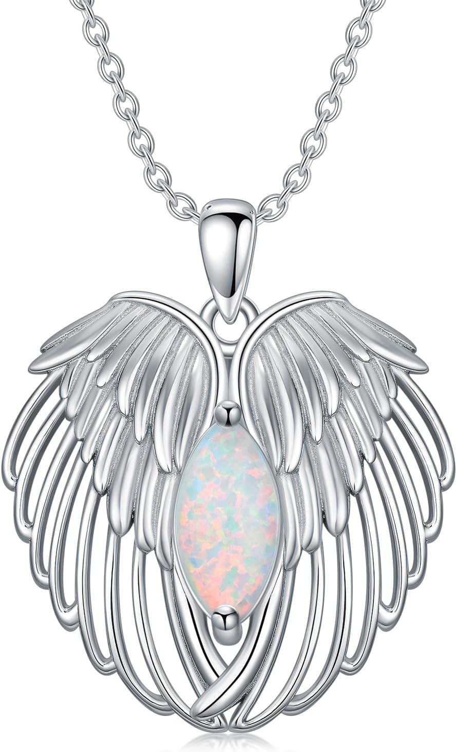  Sterling Silver Birthstone Angel Wings Necklace for Women -10-Opal