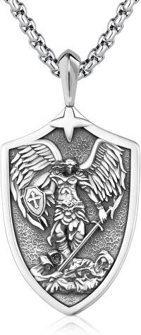 wholesale 925 Sterling Silver Archangel Michael Shield Pendant Necklace for Men Women  47mm x 38mm-11f-St Michael-Shield-11f-St Michael-Shield