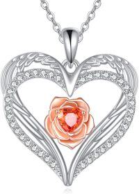 wholesale 925 Sterling Silver Angel Winged Heart with Orange Rose Pendant Necklace s for Women-Angel Wings Heart