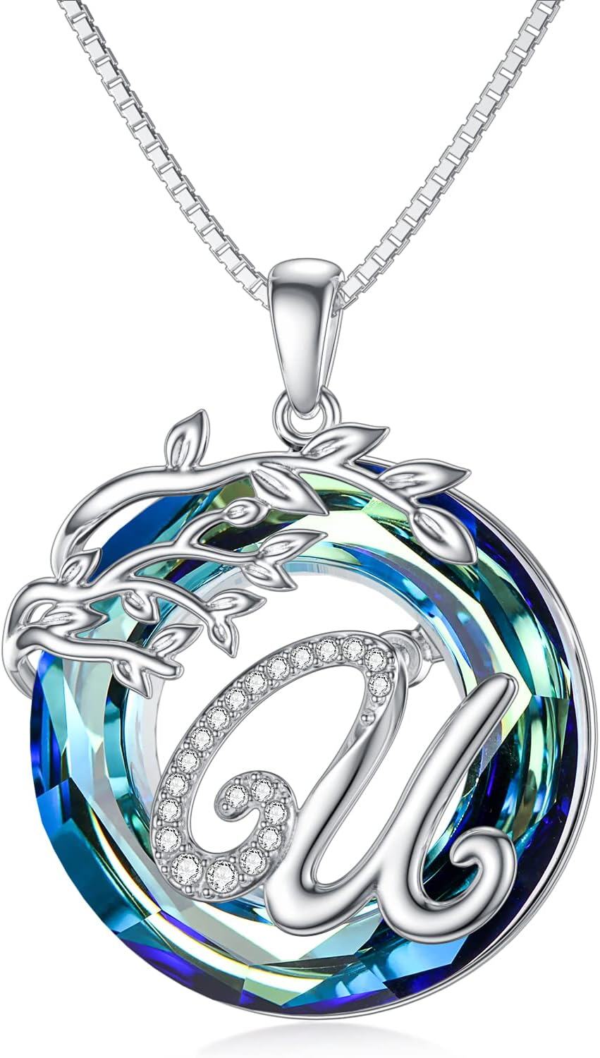 Sterling Silver Blue Crystal Tree of Life A Z Letter Pendant Necklace-Alphabet U
