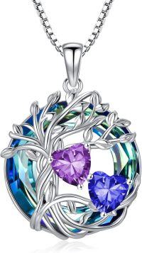 wholesale 18K White Gold Filled Sterling Silver Family Tree Pendant with 2 Heart Birthstones Blue Austrian Crystal Necklace for Women-02-09-Feb-Sept Birthstone