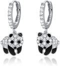 wholesale 925 Sterling Silver Panda Cub Huggie Hoop Earrings with CZ Stones and Black Enamel Accents-0-0