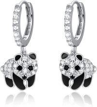 wholesale 925 Sterling Silver Panda Cub Huggie Hoop Earrings with CZ Stones and Black Enamel Accents-06-panda
