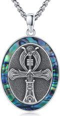 wholesale 925 Sterling Silver Oval Ankh Cross Pendant with Abalone Shell Inlay - Ancient Egyptian Amulet Protection Jewelry for Women and Men (24+2 Rolo Chain Included) -0-0