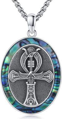 wholesale 925 Sterling Silver Oval Ankh Cross Pendant with Abalone Shell Inlay - Ancient Egyptian Amulet Protection Jewelry for Women and Men (24+2 Rolo Chain Included) -E01-Oval Ankh(Abalone Shell)