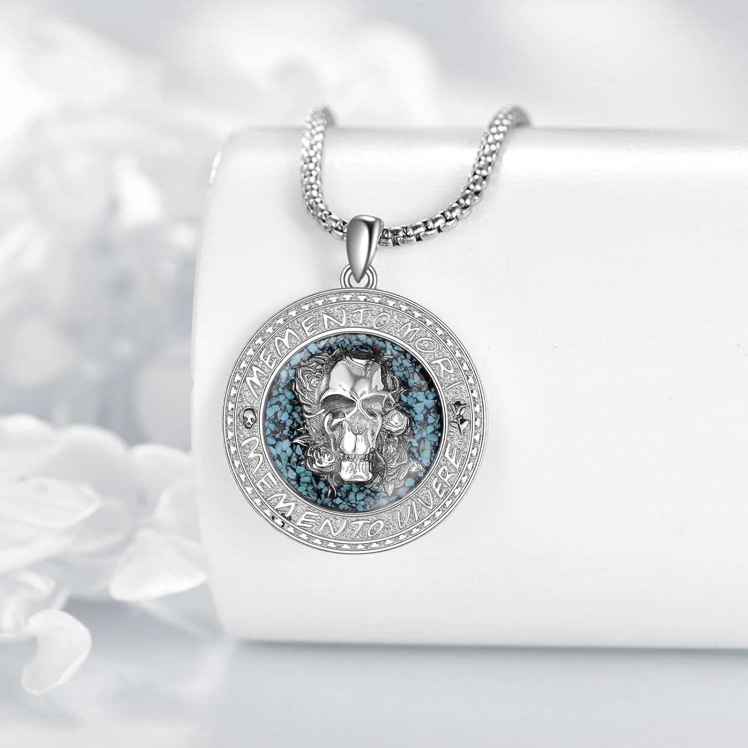 wholesale 925 Sterling Silver Turquoise Stone Inlay Skull Pendant Memento Mori Gothic Necklace for Men & Women-0-1