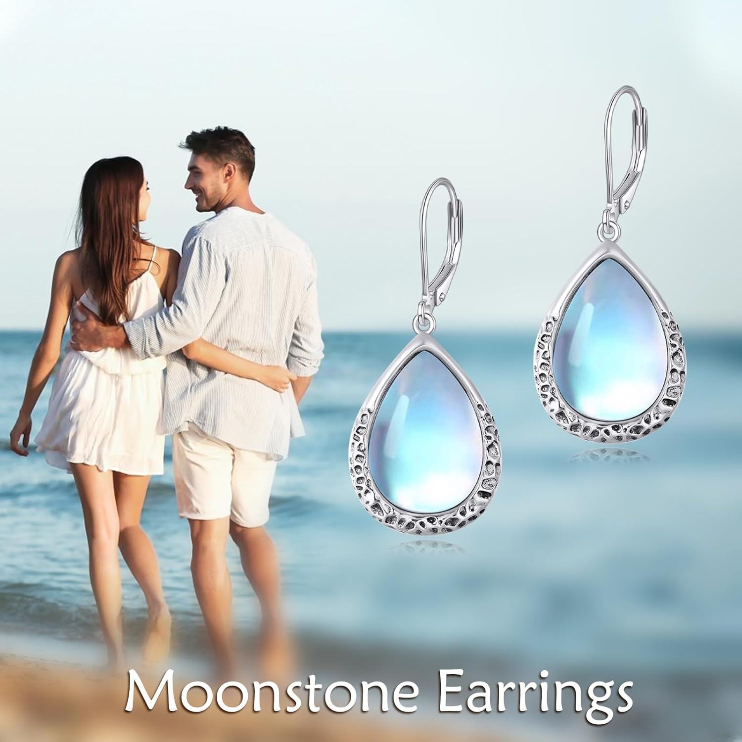 Sterling Silver Moonstone Dangle Drop Earrings Leverback Jewelry-0-6