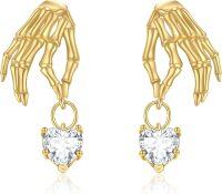 wholesale 14K Gold Skeleton Hand Heart Dangle Earrings for Women - Halloween Jewelry-Skull