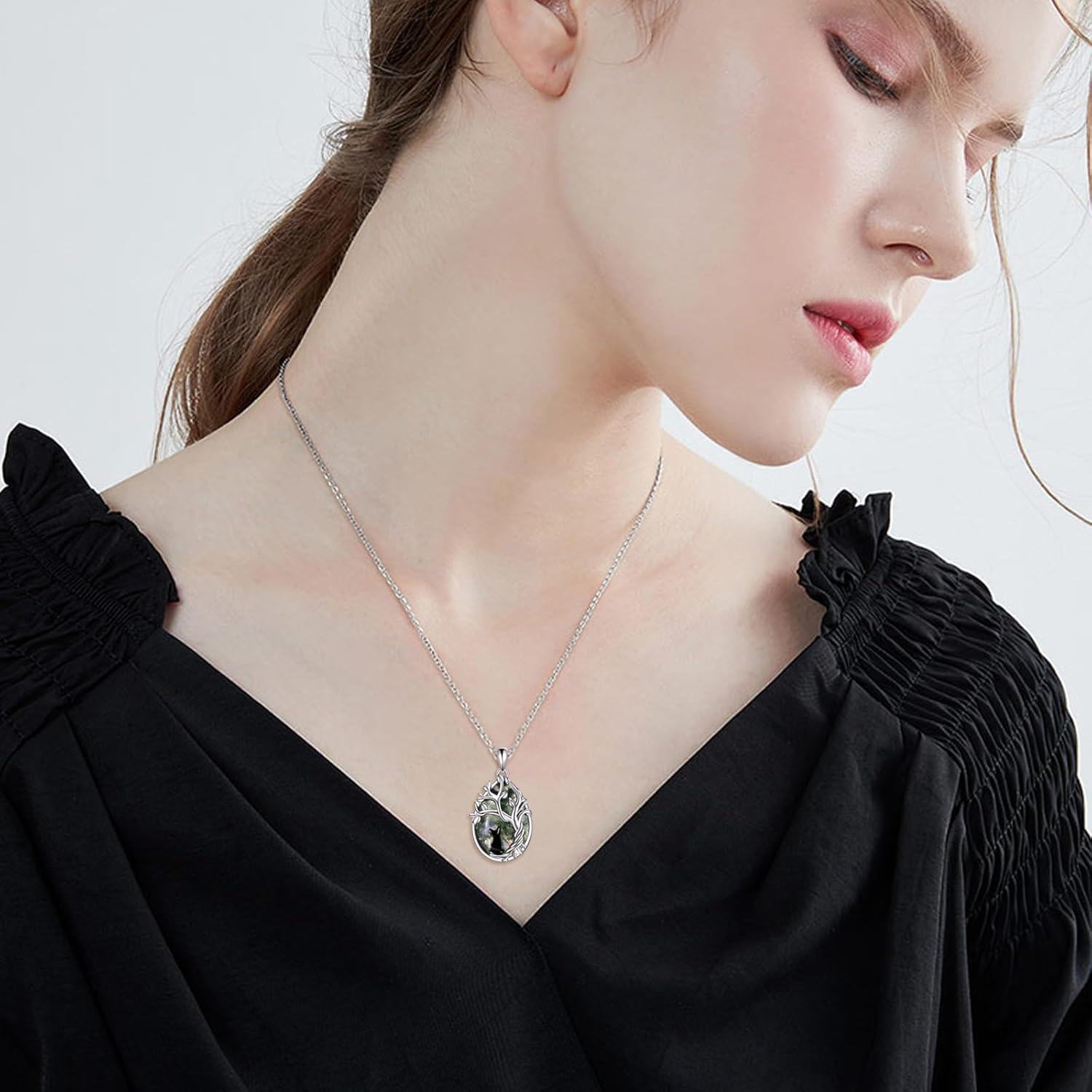 wholesale 925 Sterling Silver Cat and Tree of Life Green Agate Gemstone Pendant Necklace for Women Birthdays Gift-0-1