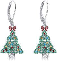 wholesale 925 Sterling Silver Christmas Tree Drop Earrings with Colorful Rhinestones and Bow Accents-Christmas Tree