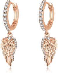 wholesale 925 Sterling Silver Rose Gold Plated Cubic Zirconia Angel Wings Hoop Drop Earrings for Women-rose gold