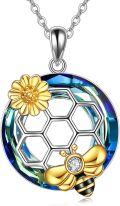 wholesale 925 Sterling Silver Blue Crystal Honeycomb Flower & Gold Bee Pendant Necklace for Women-0-0