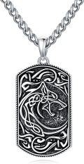 wholesale 925 Sterling Silver Rectangular Celtic Knotwork Wolf & Raven Pendant Chain Necklace-0-0