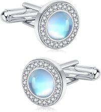 wholesale 925 Sterling Silver Moonstone Round Studs Cufflinks for Men Formal Wear Accessories Gift Set-Blue Moonstone